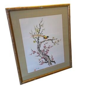 Vintage (70s) Ho Chu Watercolor Print Framed Bird and Blossom-“Oriental Birds”